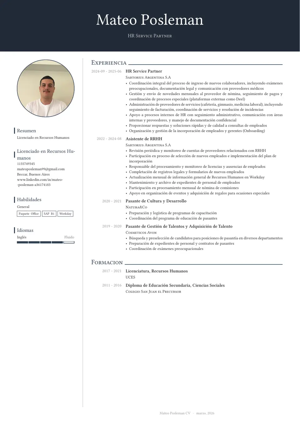 Clásico con columna editorial, vista previa del CV de Mateo Posleman