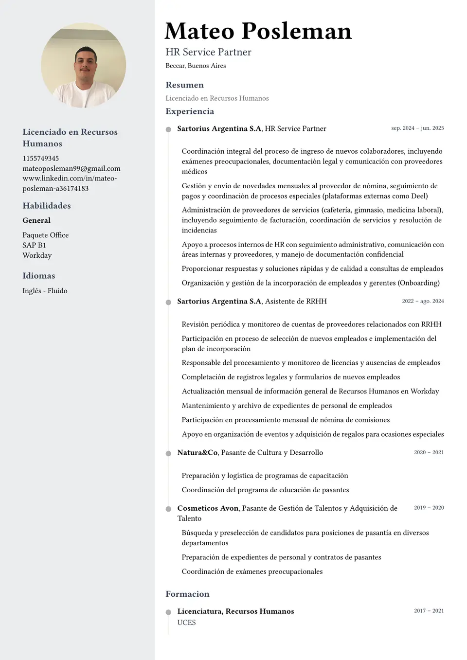 Trayectoria con más aire, vista previa del CV de Mateo Posleman